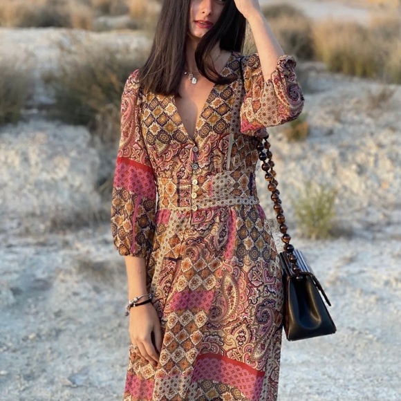 knee length dresses for ladies Red Paisley Lace Midi Dress – Maison-B-More Global Store main image 0